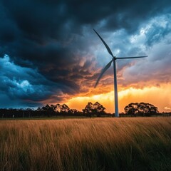 Obraz premium A dramatic stormy sky above a windmill park, highlighting the resilience of renewable energy