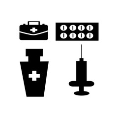 Medical Vector Icons Set - First Aid Kit, Pills, Syringe, Medicine Bottle,doctor, tools,injection,tablet
