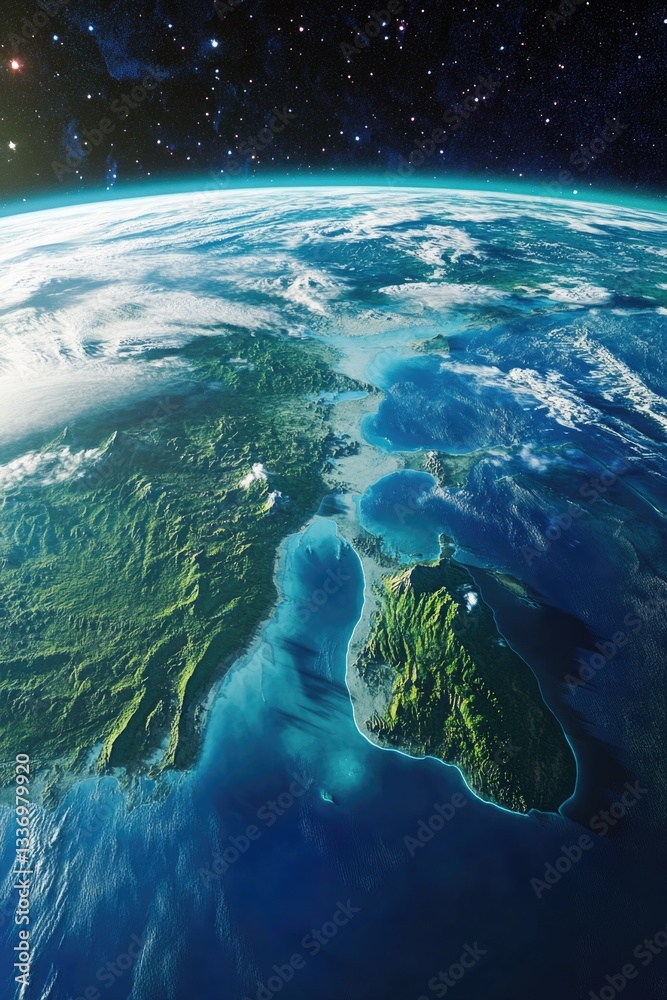 Poster a view of the earth from space with the sun shining, suitable for use in presentations and designs a