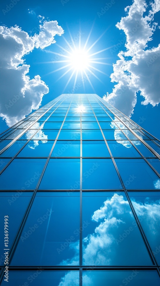 Poster glass windows of a skyscraper reflect the vibrant sunlight as it shines brightly above. fluffy cloud