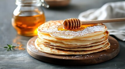  thin sweet round pancakes with honey on light background, traditional breakfast, minimal food styling, cozy morning mood, copy space