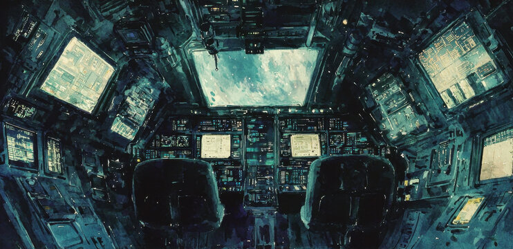 Advanced cockpit design features multiple screens and control panels, showcasing intricate technology. A breathtaking view of stars and planets is visible through the main window