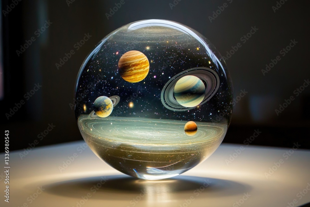 Poster a clear glass sphere on a table displaying planets