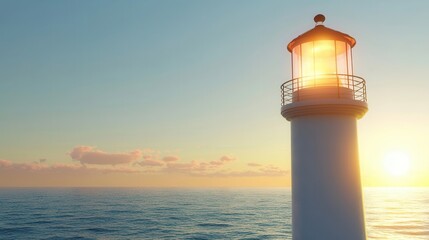 Illuminated Lighthouse at Sunset Over Calm Ocean