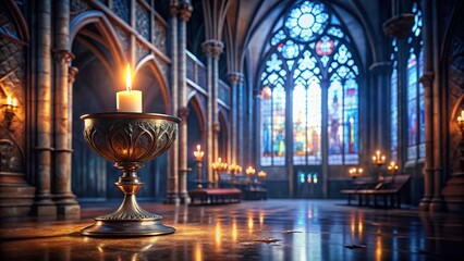 Fototapeta premium Candlelit Church Chalice: Gothic Stained Glass Night Photography