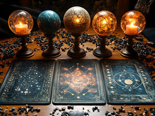 Mystical Tarot Reading Setup With Glowing Orbs and Candles on a Wooden Table Surrounded by Crystals in a Dimly Lit Room
