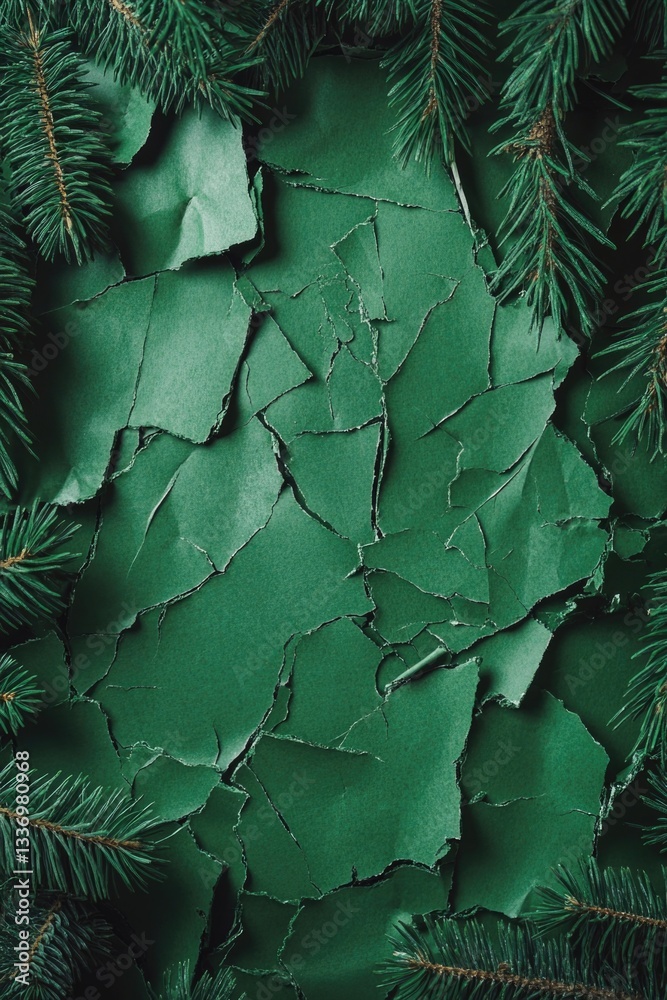Poster A close-up shot of green paint applied to the bark of a pine tree, ideal for use in design and illustration projects
