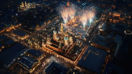 Obraz premium Aerial view of a cityscape with fireworks and a prominent cathedral at night.