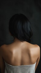 A close-up shot of a woman's back, wearing a white top and likely preparing for an event or activity