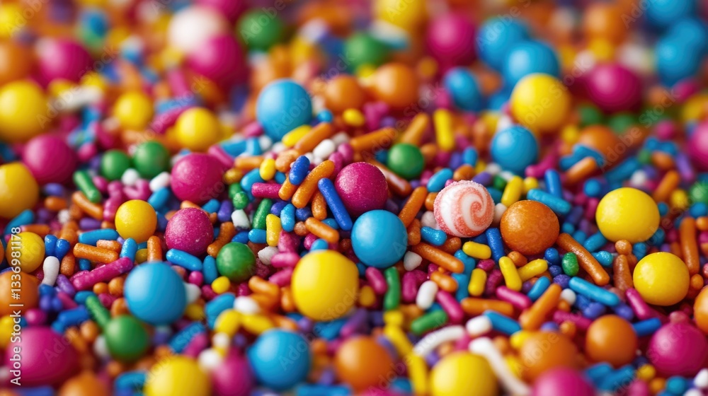 Poster a vibrant mix of sprinkles and candies in a heap, ideal for use in party or event promotional materi