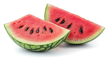 Two juicy slices of red and green watermelon fruit sit together
