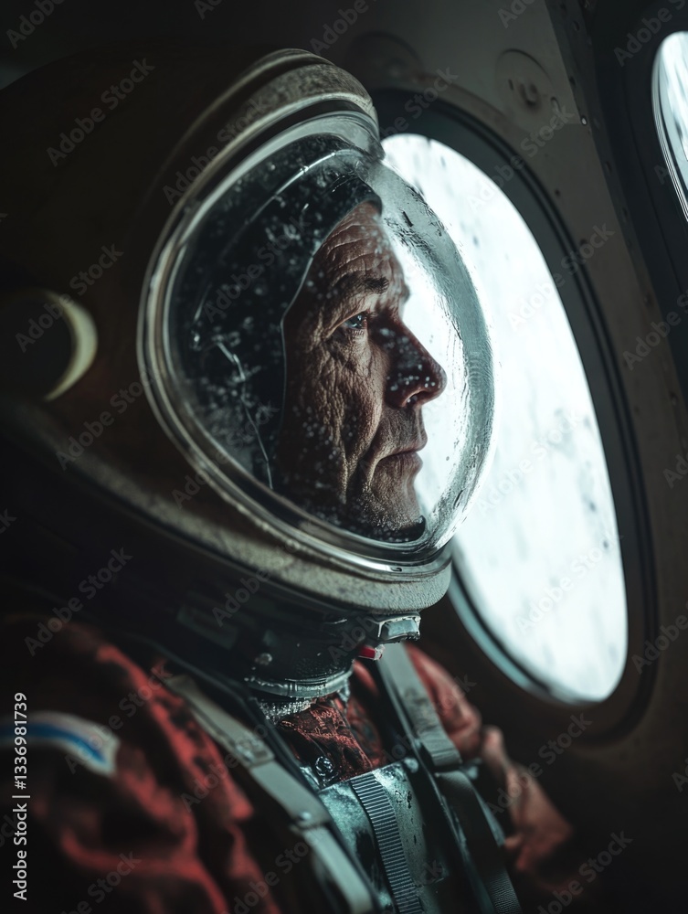 Poster astronaut peers out spaceship window, observing distant planet or stars