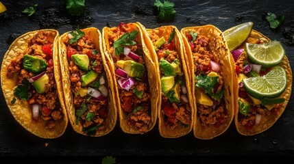 Delicious tacos arranged in a row