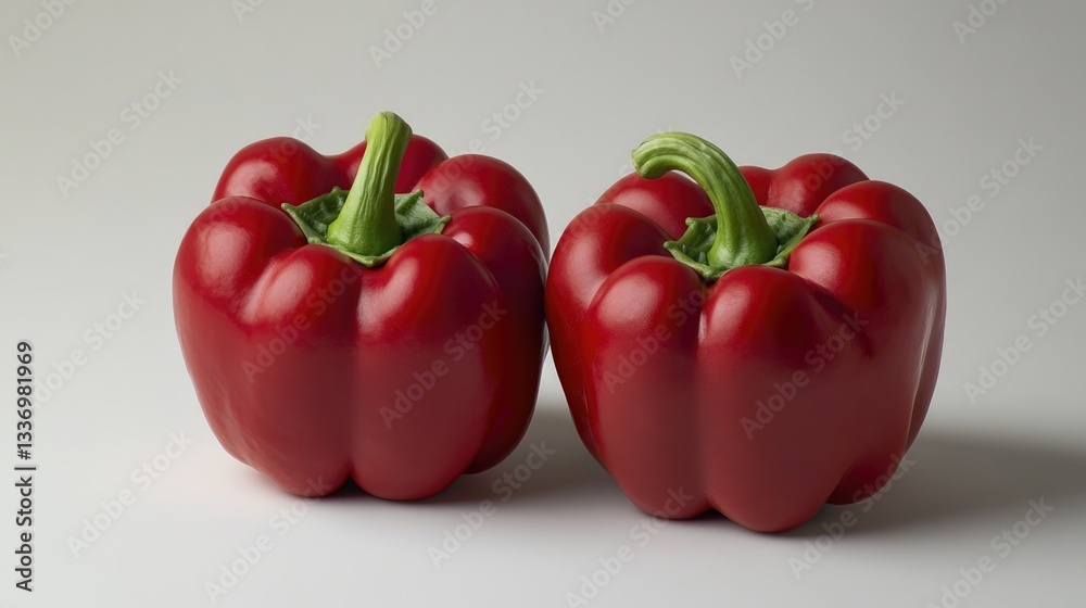 Aufkleber Two red peppers sit side by side on a white surface, perfect for food styling or adding a pop of color to your shot