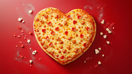 Heart shaped pizza with pepperoni on wooden background. valentine day concept.