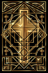 Happy Easter card, golden cross art deco style, vector illustration