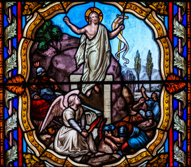Obraz premium Stained glass (19th century) of The resurrection of Jesus Christ.