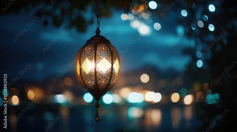 Poster a light hanging from a tree branch reflected in the calm surface of the water