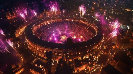 Aerial view of a grand arena with fireworks illuminating the night sky.