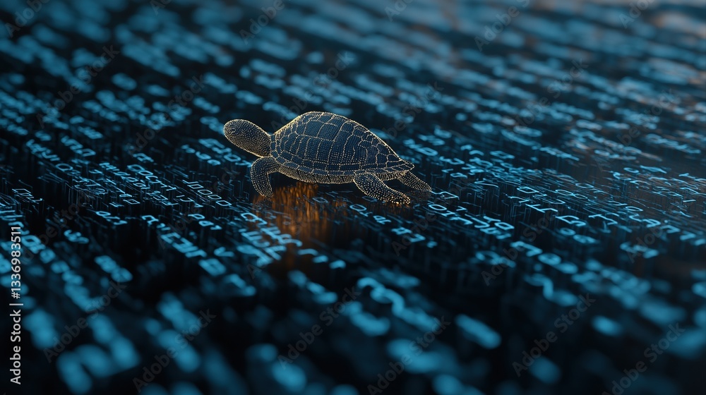 Poster turtle on digital data background representing cryptocurrency and blockchain monitoring transactions
