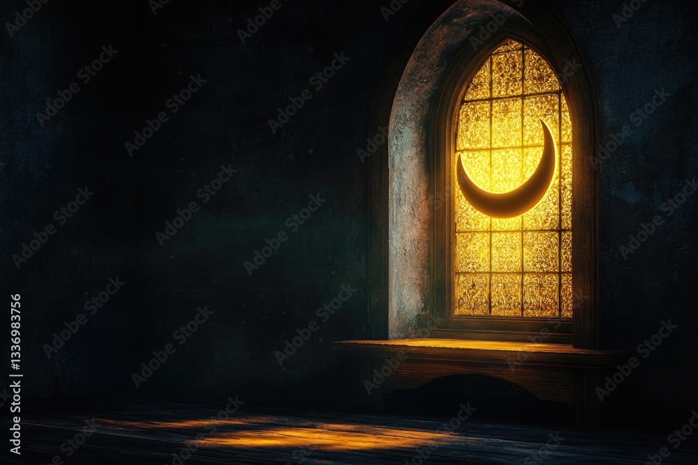 Poster a window with a crescent moon visible in a dimly lit room