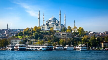 Naklejka premium Majestic mosque building overlooking water with boats and cityscape