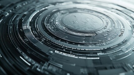 Abstract digital design featuring concentric circular patterns and futuristic elements.