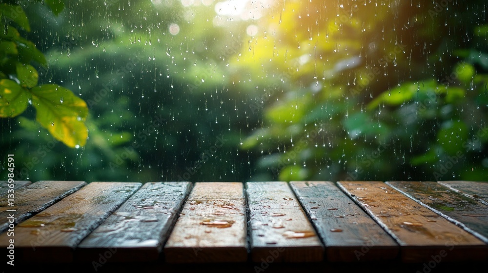 Aufkleber raindrops cascade gently on a polished wooden surface, creating ripples and reflections. sunlight pe