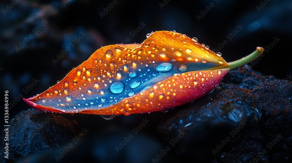 Poster beneath the soft glow of dawn, delicate drops of water cling to a tulip leaf, showcasing a vivid int