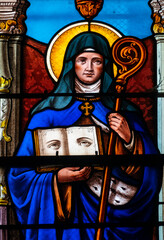 Naklejka premium Stained glass (19th century) of Saint Odile of Alsace or Sainte Odile d'Alsace. Saint of the Roman Catholic Church.