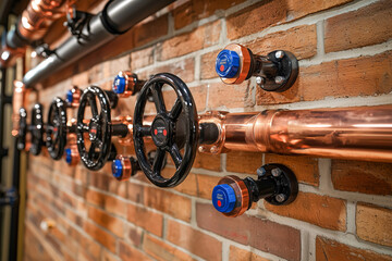 Industrial copper pipe system with black valve wheels and blue control knobs on brick wall