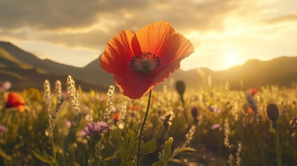 Fototapeta premium A vibrant red poppy stands tall in a sunlit meadow filled with wildflowers.