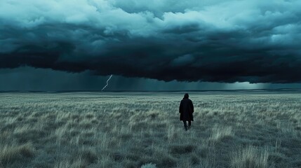 Solitary Figure Under a Thunderous Sky