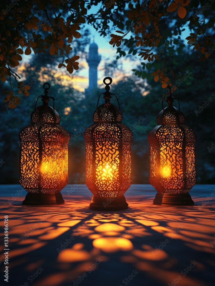 Poster three decorative lanterns shining bright in a dark environment, perfect for use in mysterious or eer