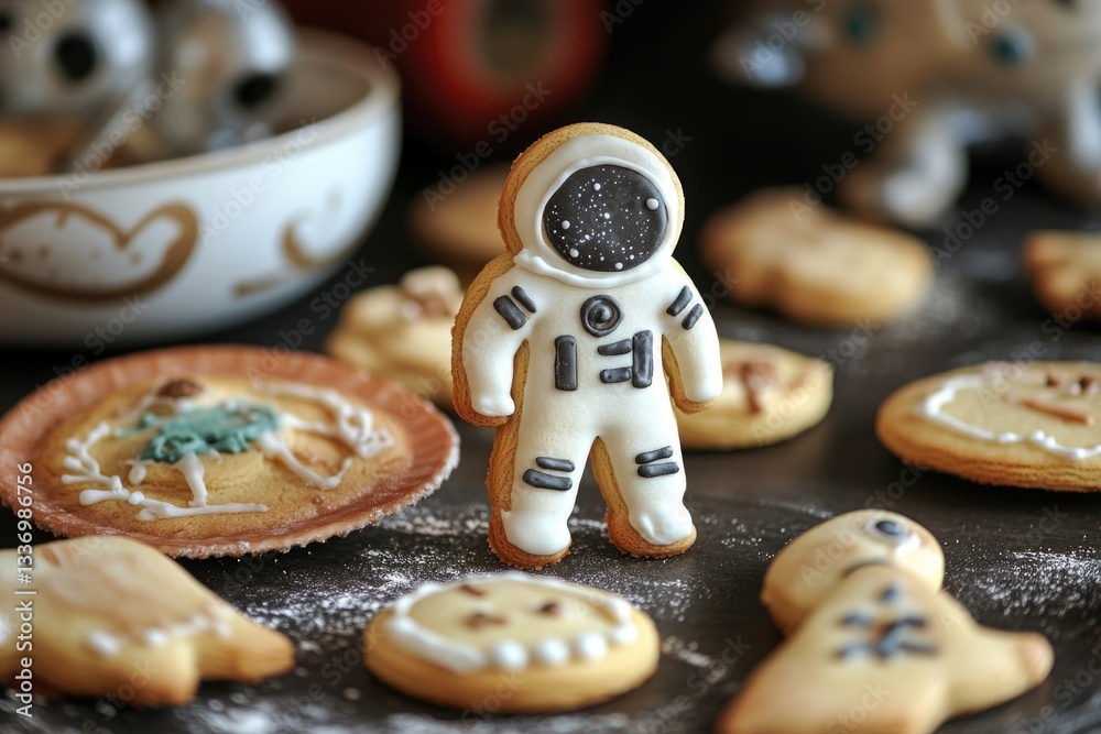 Poster a close-up shot of a cookie featuring an astronaut design