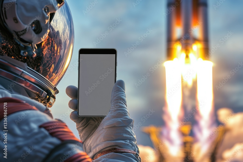 Poster astronaut holds smartphone in space suit, suitable for technology or sci-fi concepts