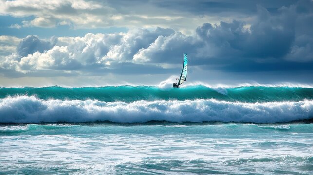 A windsurfing sail catching the wind over turquoise ocean waves.
