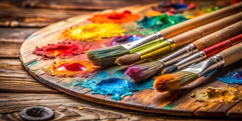 Obraz premium Close-up of Oil Paint Brushes, Palette, and Paints on Rustic Wooden Table