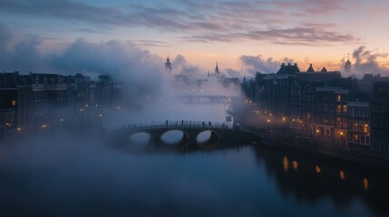 Naklejka premium A misty evening in Amsterdam, showcasing bridges and buildings by the water.