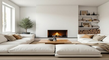 White corner sofa near fireplace. 
Scandinavian home interior design of modern living room
