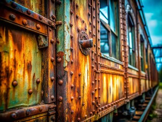 Close-Up of Vintage Train Car, Rusty Metal, Railroad Details, Industrial Photography