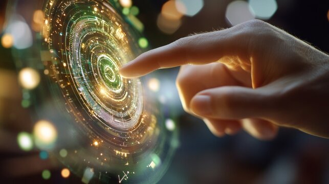 Hand touching a digital holographic spiral with lights on a touch screen, close-up of a hand and finger pointing at the circle in a futuristic interface technology concept.