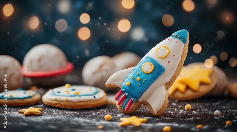 Poster A close-up shot of a cookie with a colorful rocket design on top