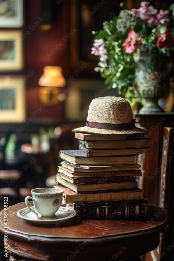 Poster a stack of books placed next to a cup of coffee, perfect for a cozy reading session or a study break