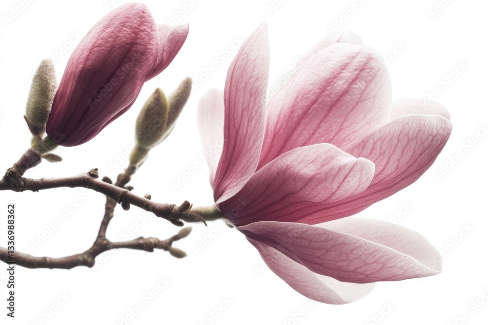 Poster a detailed view of a single flower blooming on a branch, with sunlight casting subtle shadows