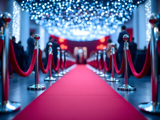 elegant red carpet entrance with velvet ropes and sparkling lights perfect for event planning and entertainment industry marketing materials
