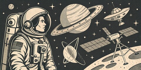 hand drawn space themed illustration in vintage monochrome style
