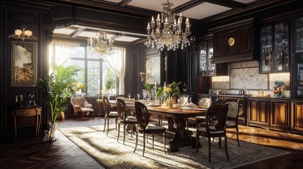 Fototapeta premium An elegant dining room with a long mahogany table, ornate chairs, and a grand chandelier hanging above.