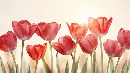 Red Tulips Spring Flowers Bouquet on Light Background. Beautiful Greeting Card for Women s Day