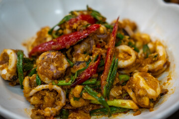 Stir Fried Squid with Curry Powder served on Plate